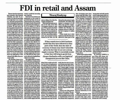 FDI in retail & Assam: Published in The Assam Tribune on 24th December, 2012
